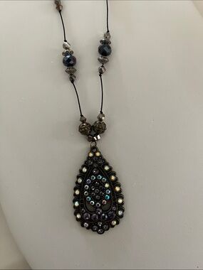 Iridium Teardrop Pendant Necklace with Iridescent Stones - Women's Jewelry NEW